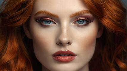 Fototapeta premium Beautiful red hair female eyes with long eyelashes eyeliner Eyelash extension Makeup cosmetics beauty Close up macro Beautiful woman face make-up master blush on cheeks beauty model girl portrait of a