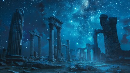 Crumbled columns of an ancient structure stand under a dazzling stellar sky, evoking the grandeur of past civilizations. - obrazy, fototapety, plakaty