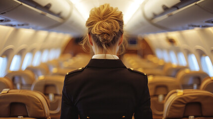 Young flight attendant walking through the sitting aisle of a small airplane 