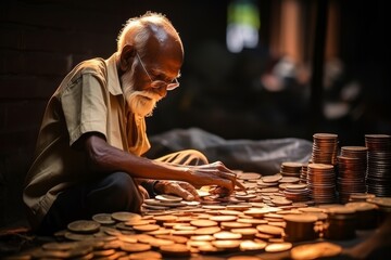 Elderly mans hands counting pennies, symbolizing poverty and financial struggle - obrazy, fototapety, plakaty