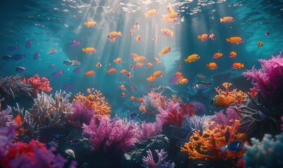 a beautiful underwater view showing coral reef and colorful fish
