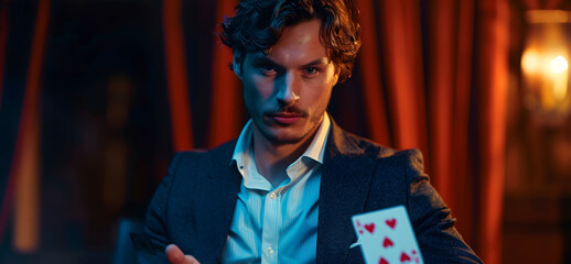 Magician shows trick with playing cards. Sleight of hand. Manipulation with props. - obrazy, fototapety, plakaty