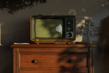 Old television in front of oil-painted mural. 3D Rendering