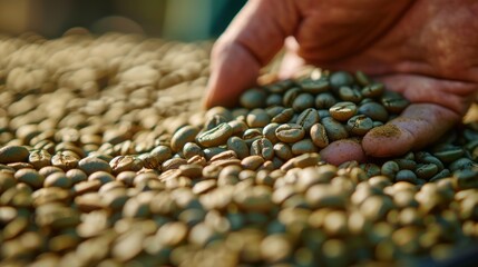Obraz premium Hand sorting green coffee beans during quality control at a coffee farm