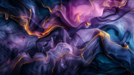 Abstract background with paint splashes and golden lines. Purple colored.