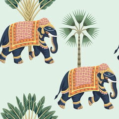 Indian elephant, palm tree, banana tree seamless pattern. Jungle wallpaper. - 756553082