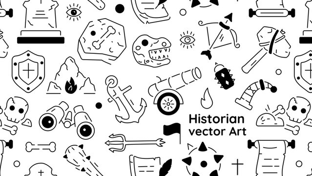 A linear style art historian pattern depicting various primitive items and stone age elements 
