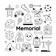 Trendy linear vector featuring various art memorial and prehistoric elements 