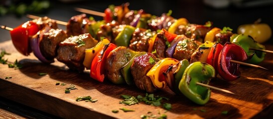 Shish kebab on skewers with vegetables on a dark background - Powered by Adobe