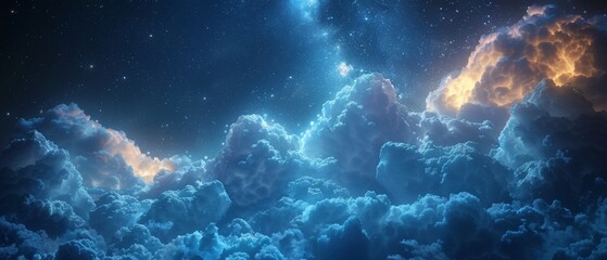Night sky with stars. White cumulus clouds. Moonlight, starlight. Background. Astrology, astronomy, science fiction, fantasy, dream. Storm front. Dramatic. Wide banner. Panoramic. - obrazy, fototapety, plakaty