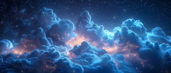 Stars in a black, deep blue night sky. Cumulus clouds. Moonlights. Background. Astrology, astronomy, science fiction, fantasy, dream. Storm front. Dramatic. Wide banner. Panoramic.
