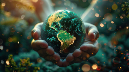 hands carefully hold the globe, in green tones with glowing lights, earth day, banner