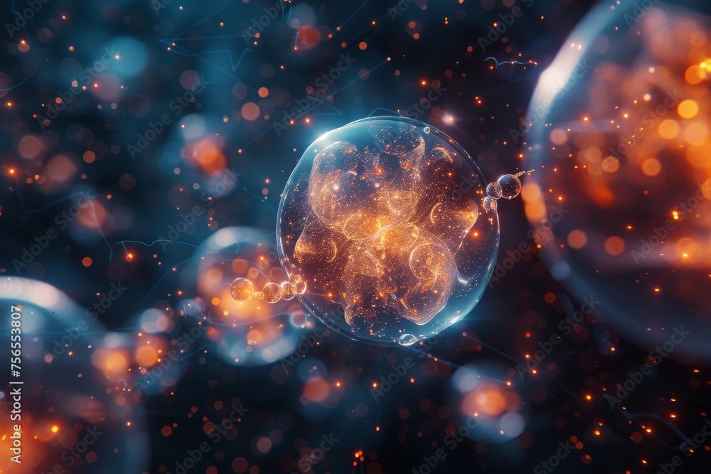 Poster detailed abstract image depicting multiple spherical shapes with interconnected lights symbolizing c