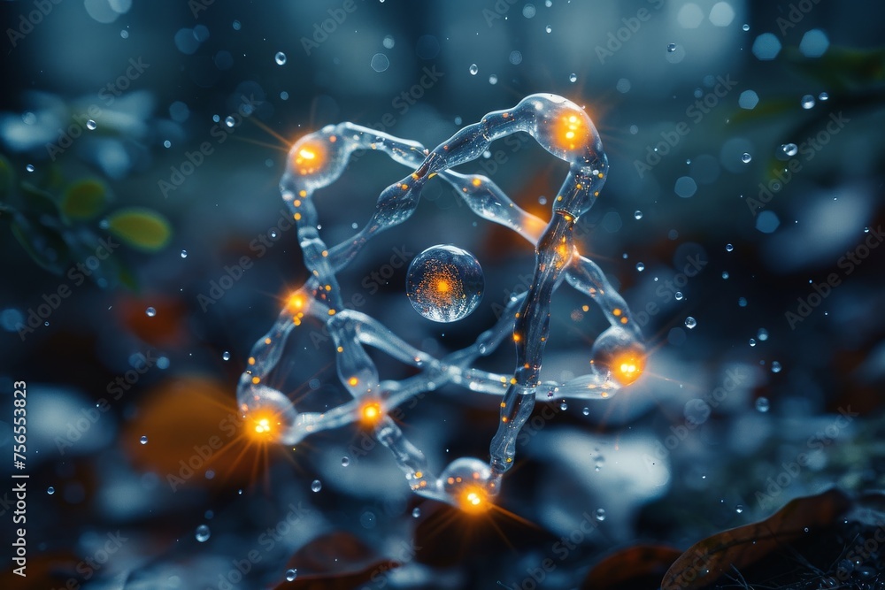 Poster quantum molecular structure illuminated with glimmering lights set against a serene nature backgroun