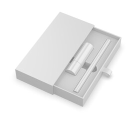 Blank lipstick and eye and lip makeup pen pencil, 3d illustration.