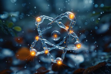 Quantum molecular structure illuminated with glimmering lights set against a serene nature background