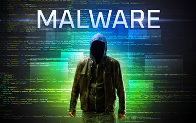 Faceless hacker on code background