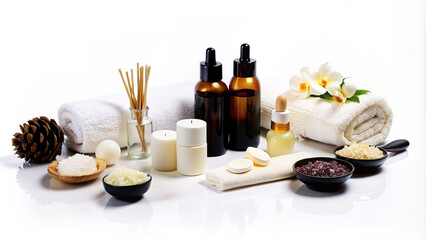 Fototapeta na wymiar Elegant Spa Essentials Collection with Beauty Products and Natural Decor 