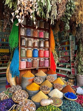 Assorted herbs and spices for sale at a market stall, Marrakesh, Marrakesh-Safi, Morocco