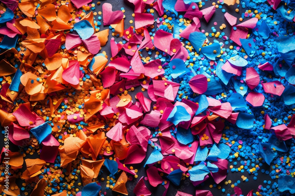 Poster an image showcasing an array of vibrant confetti pieces chaotically scattered on a dark surface symb