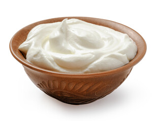 Sour cream or yogurt in ceramic bowl isolated on white background