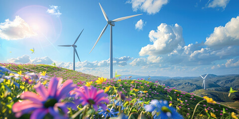 Wind turbines generating electricity on hill covered with spring summer flowers and grass.  Wind environmental farm on a hilltop. Eco natural renewable energy power generator equipment concept - obrazy, fototapety, plakaty