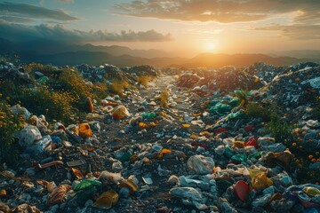 Majestic mountain setting polluted by plastic waste, illustrating the severe environmental impact caused by human activity - obrazy, fototapety, plakaty