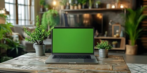 Closeup of laptop with green screen on table ideal for business mockups . Concept Closeup Shots, Green Screen Mockups, Business Setting, Tabletop Photography