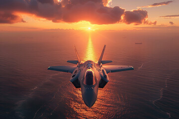 flying over the ocean at sunset jet fighter F22 with great speed. new technologies of military...