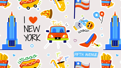A seamless pattern showcasing various tourist attractions, travel destinations and other new york heritage elements