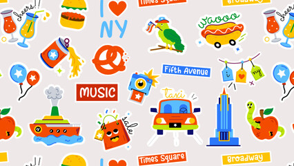 A nyc culture pattern designed with country’s famous monument, local food items, and city travel elements