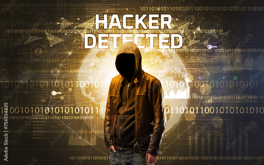 Poster faceless hacker at work, security concept