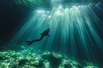 An awe-inspiring image of a diver exploring the beauty of an undersea environment with sunlight filtering through - obrazy, fototapety, plakaty
