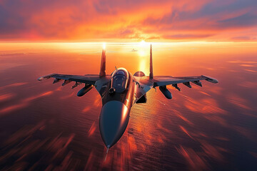 flying over the ocean at sunset jet fighter su35 with great speed. new technologies of military combat aviation concept - obrazy, fototapety, plakaty