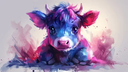 Foto op Aluminium Watercolor painting of a cute baby cow. © Alexander Kurilchik