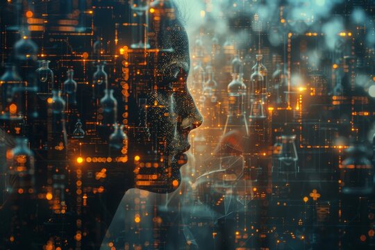 A visually rich, conceptual representation of artificial intelligence (AI) interfused with data networks across a cityscape