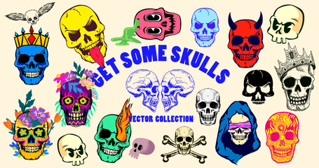 A set of various styled human bone skull creative decorations set. Vector illustration