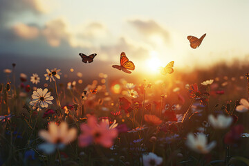 field of colorful spring flowers at sunset with butterflies - obrazy, fototapety, plakaty
