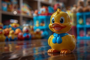 This delightful image showcases a bright yellow rubber duck positioned against a backdrop of assorted colorful duck toys