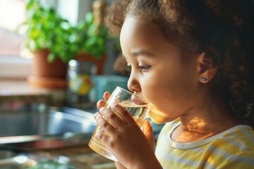 Young girl drinking water in kitchen. Cute curly-haired girl enjoys a refreshing glass of water at home © Mrs__DoubleF