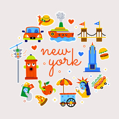Fototapeta premium A new york vector designed with various nyc landmarks, monuments, and local food