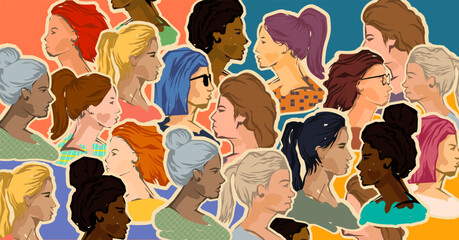 A wide selection of diverse abstract women from all ages and backgrounds, side view, grouped together, vector illustration.