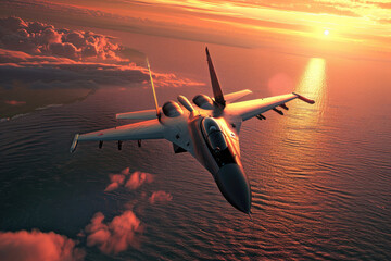 flying over the ocean at sunset jet fighter su35 with great speed. new technologies of military combat aviation concept - obrazy, fototapety, plakaty