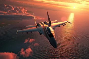 Poster flying over the ocean at sunset jet fighter su35 with great speed. new technologies of military combat aviation concept © Kien