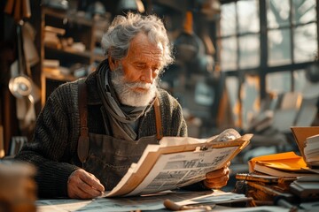 A senior man is immersed in reading a newspaper in the warm light of his cluttered and cozy workshop