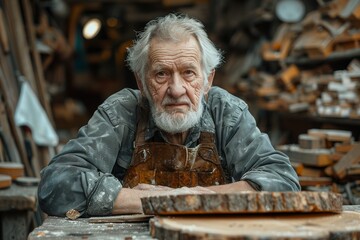 Elderly artisan with weathered face and intense gaze in a messy wood workshop - obrazy, fototapety, plakaty