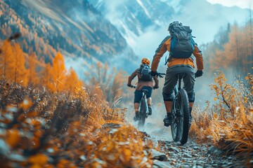 Two cyclists mountain biking on an autumnal forest path with vibrant fall colors and mountain backdrop