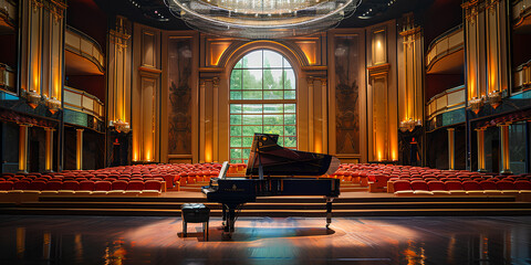 Concerto of Elegance: Musical Performance on Grand Piano in Classical Concert Hall, with Open Black Bench and Luxury Chair
 - obrazy, fototapety, plakaty