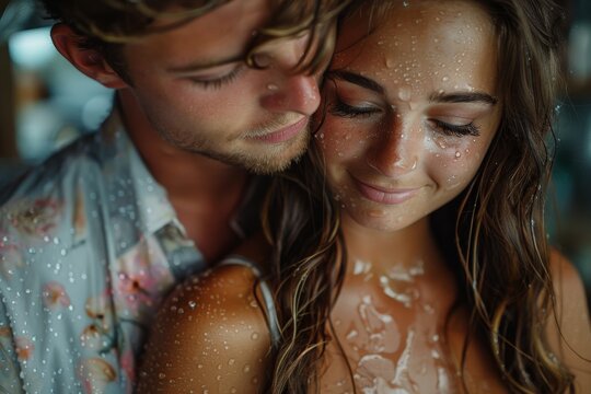 Close-up of a couple with water droplets on their skin, sharing a tender moment