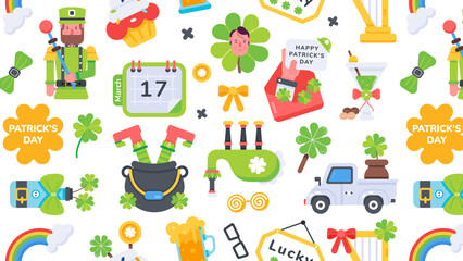 St patrick pattern with clover leaves, gold coins, irish characters and other lucky charms